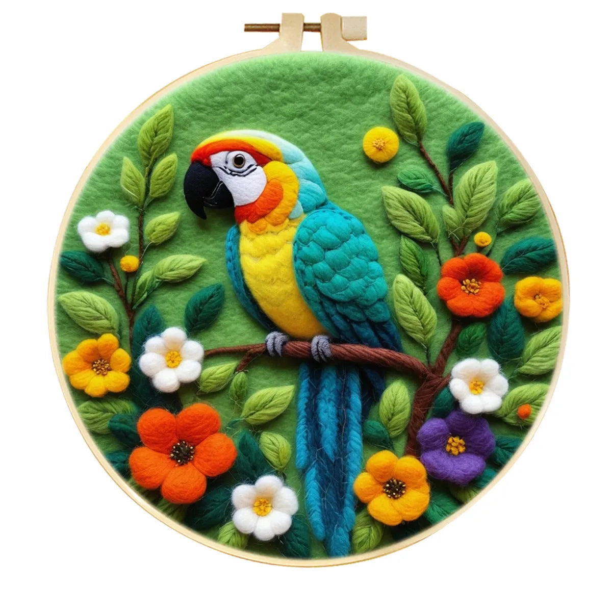 Round linen fabric embroidery kit with free hoop for making a 20x20 cm three-dimensional floral blanket painting.