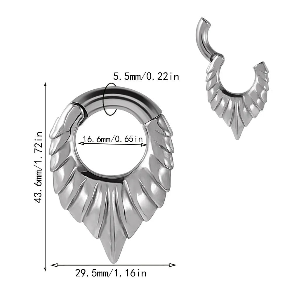 Stainless steel drop-shaped auricle earlobe extender earring with round hanging egg design and totem detail.