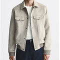 British-style suede velvet commuter jacket in light grey or mink colour with long sleeves