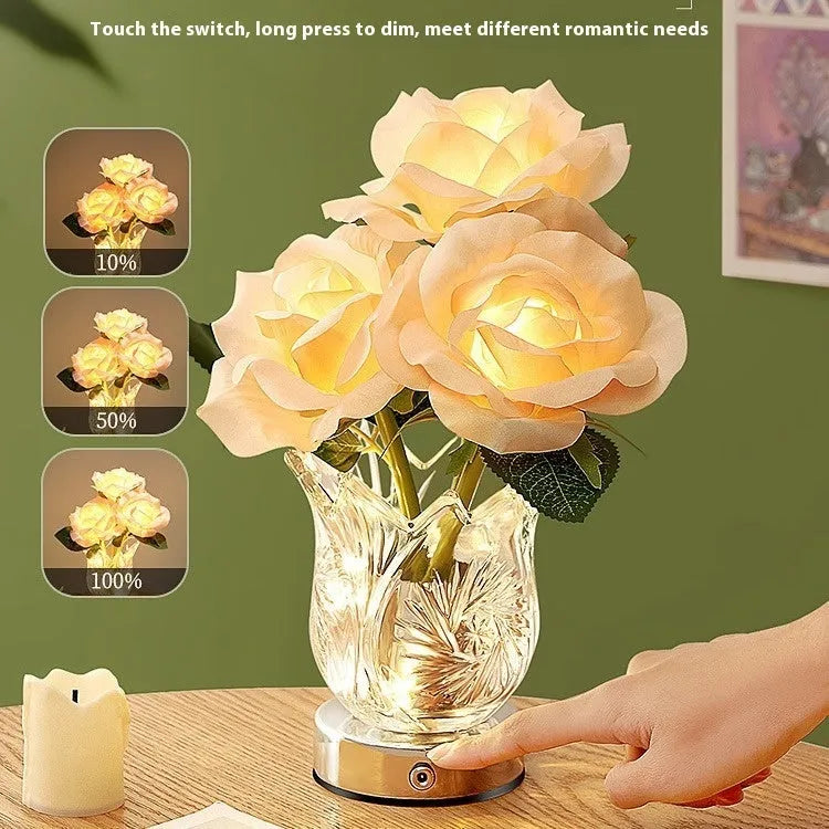 Crystal flowers decorative touch table lamp with USB charging cable on wooden bedside table