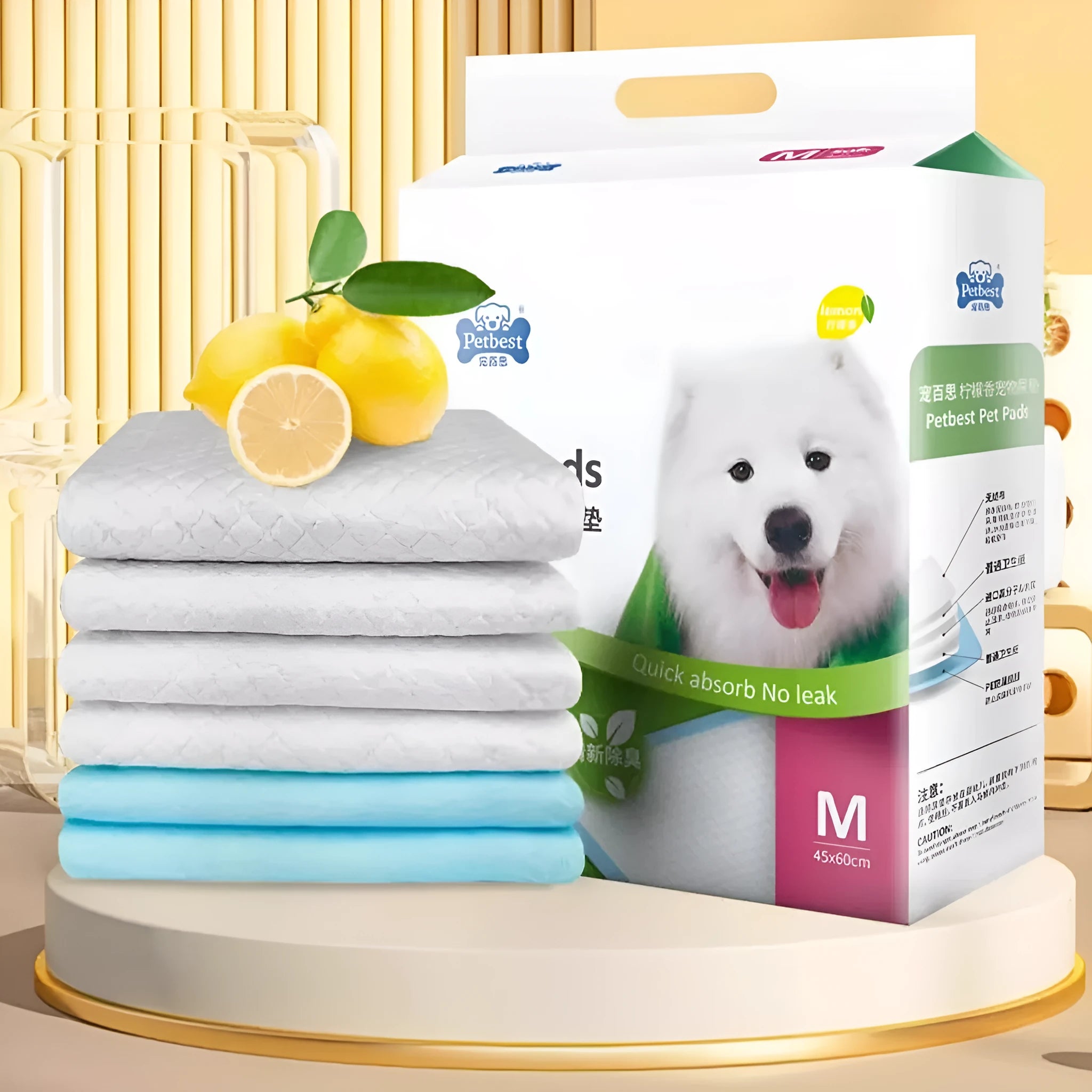 Pack of thickened dog urine pads showing size comparison between S, M, L and XL options