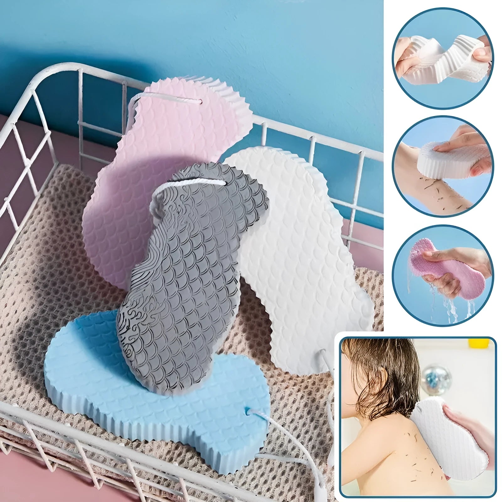 3D fish scale pattern bath sponge in white, grey, pink, or light blue colours for gentle body exfoliation