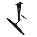 Black carbon fibre and aluminium racing hydrofoil for surfboards with a large front wing.