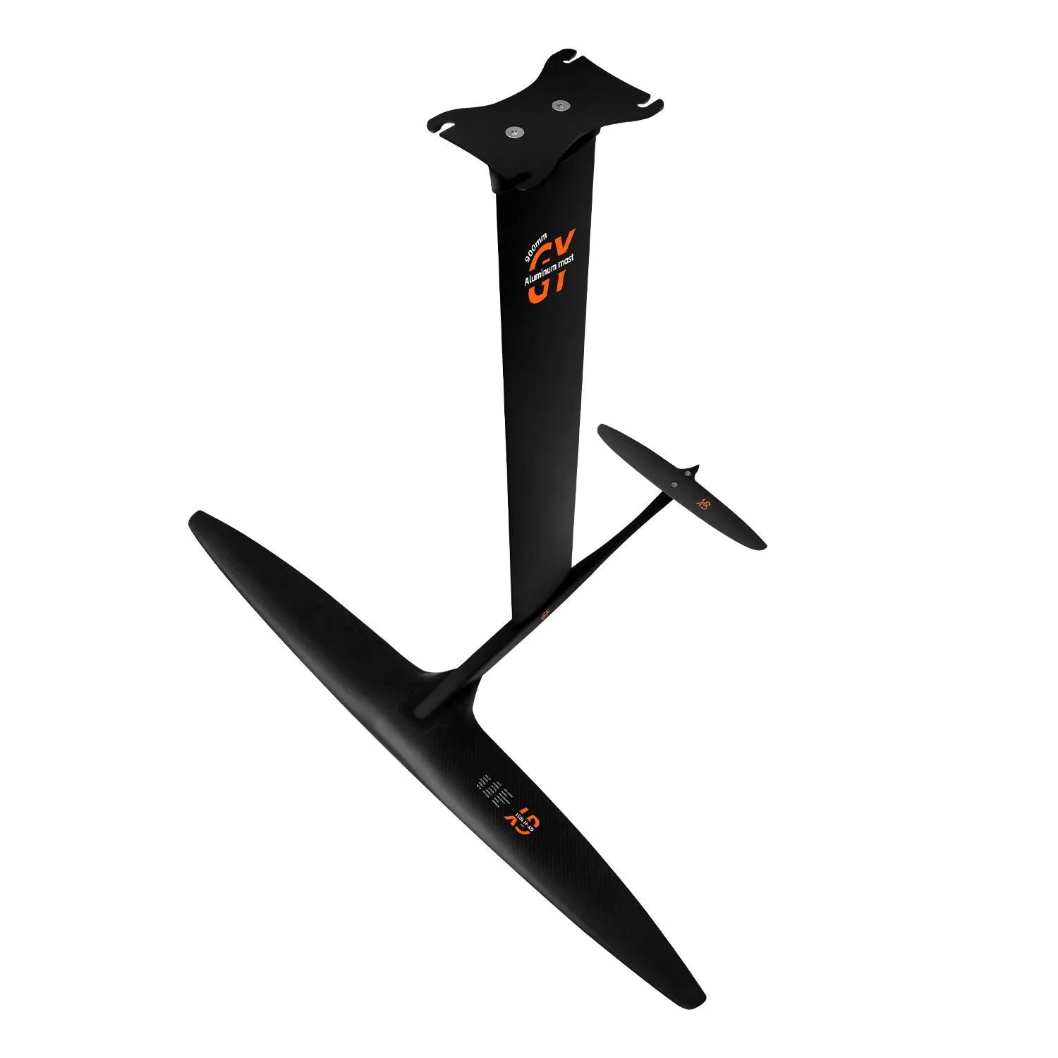 Black carbon fibre and aluminium racing hydrofoil for surfboards with a large front wing.
