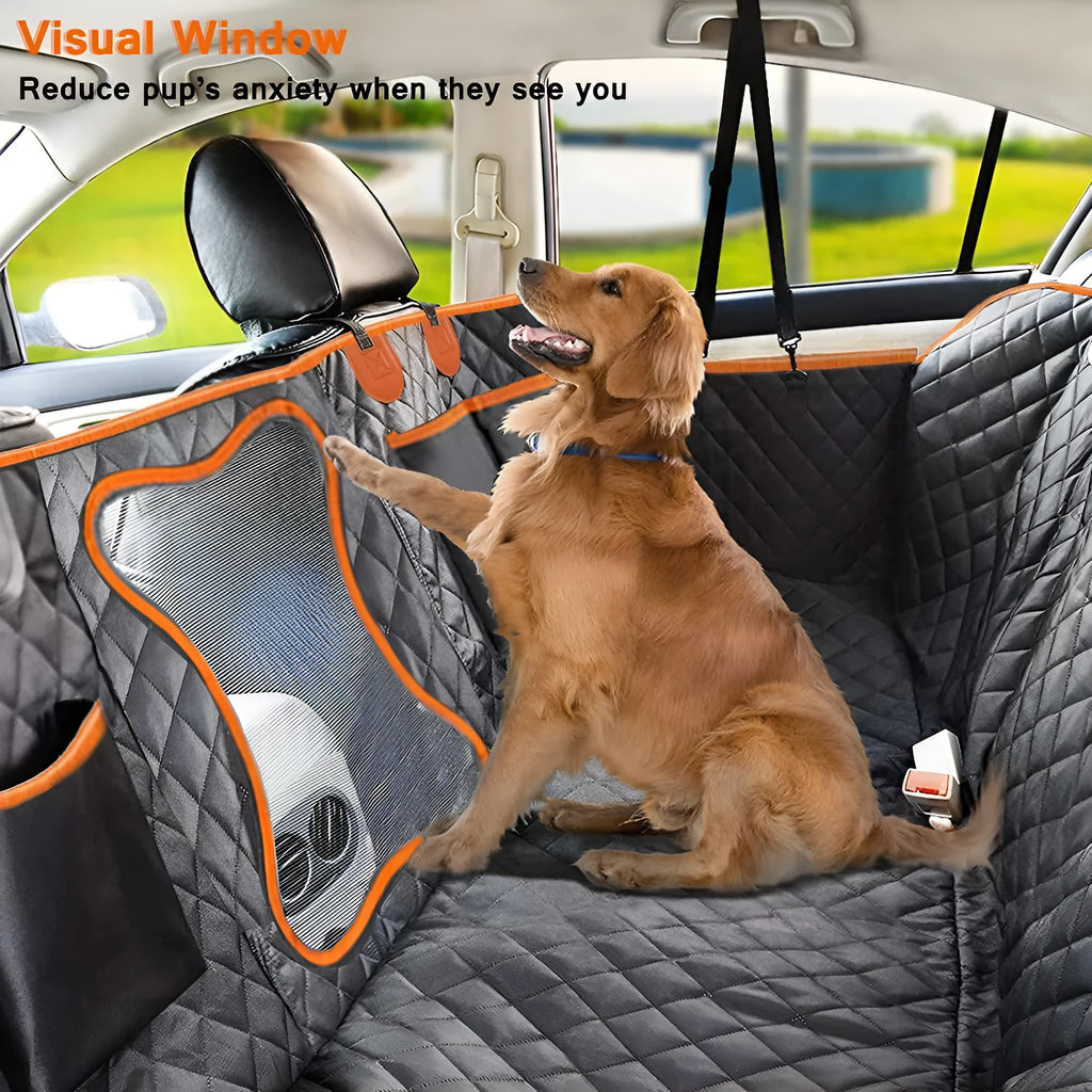 Black waterproof dog car seat cover with orange edge, shown as a hammock on a rear car seat