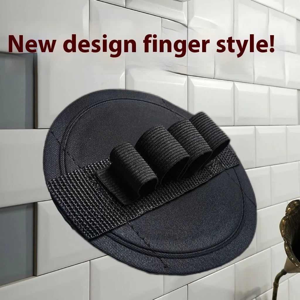 Finger bath scrubber in rubber with round cake design options and included towel