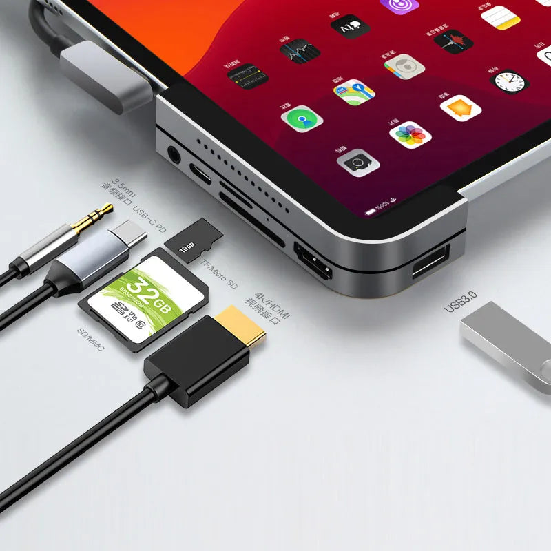 Silver aluminium grey USB-C docking station for iPad Pro with HDMI port and card readers