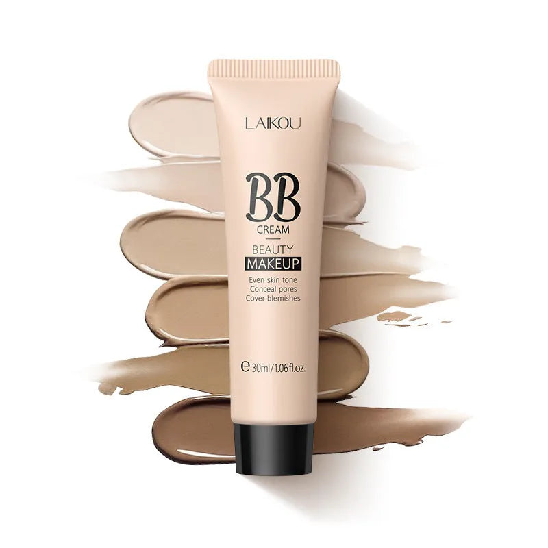 30ml tube of BB cream showing the nine available colour shades from ivory white to brown.