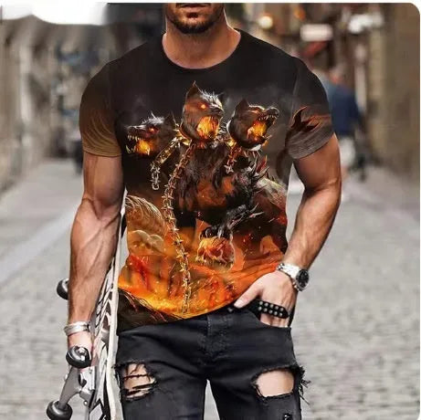 Men's black t-shirt with a detailed 3D fierce lion print on the front