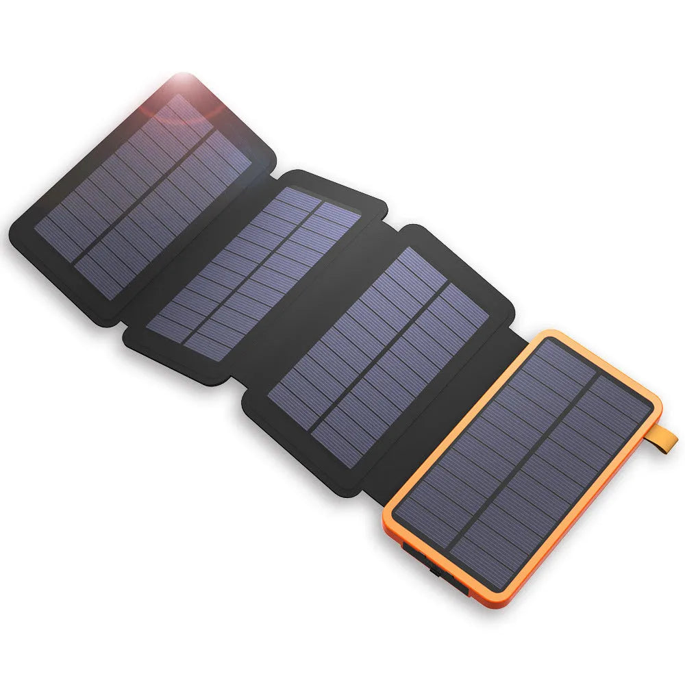 Outdoor solar phone charger with rainproof case in four colours showing solar panel and LED light
