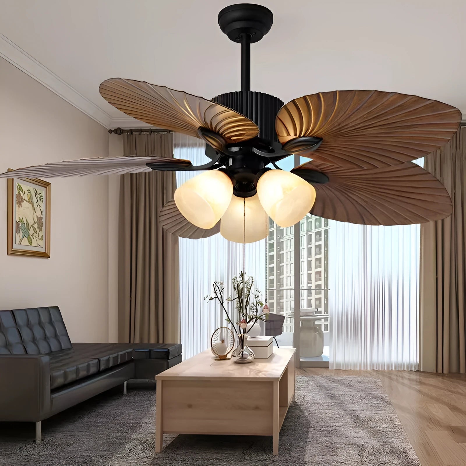 52-inch retro ceiling fan light with wooden blades and integrated lighting fixtures