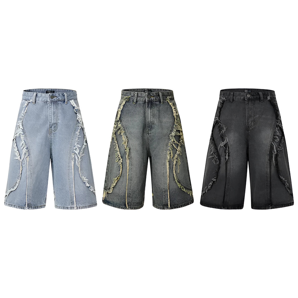 Distressed blue denim shorts with raw edge hem on a plain background, showing straight leg cropped fit.