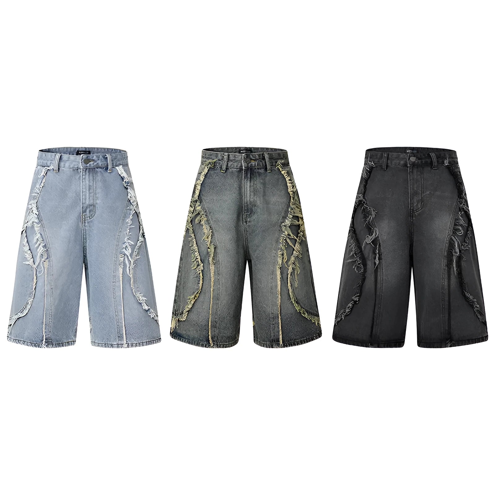 Distressed blue denim shorts with raw edge hem on a plain background, showing straight leg cropped fit.