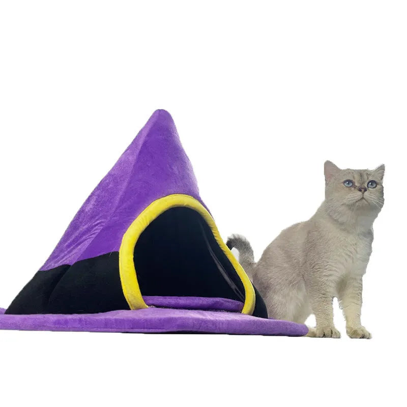 Purple cloth cat bed shaped like a witch hat measuring 60x45cm for indoor pet use