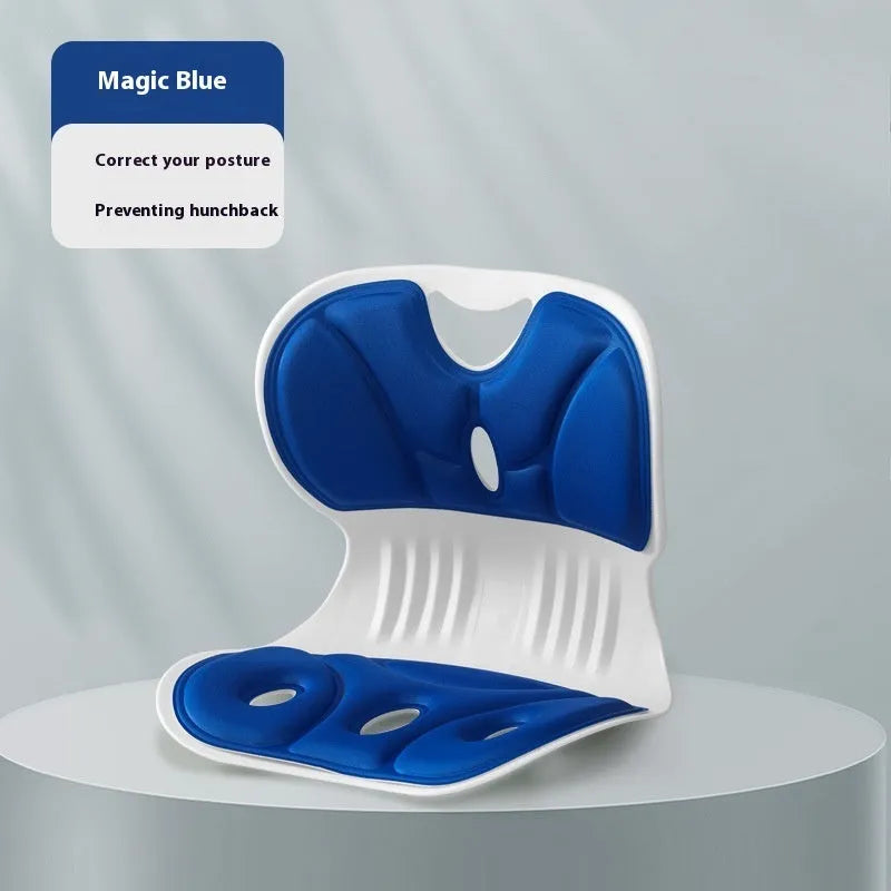 Memory foam seat cushion in solid colour on a chair, shown in small and large sizes.