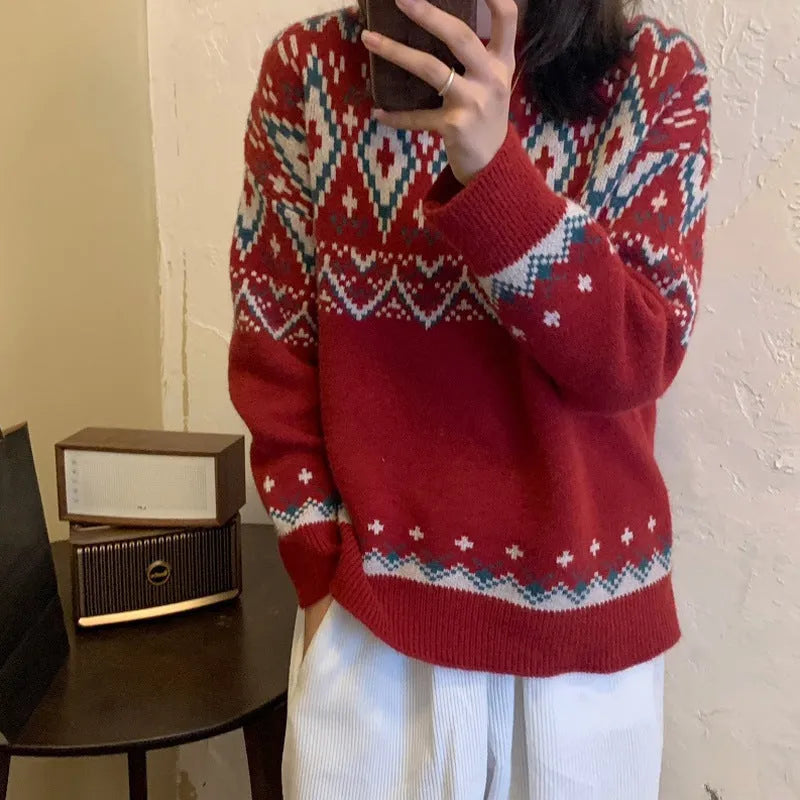 Retro striped pullover knitted top with long sleeves in loose straight cut design