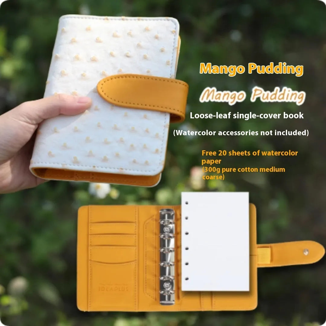 A7 loose-leaf watercolour notebook in avocado green, hazelnut brown, mango pudding, mocha coffee or rainforest green.