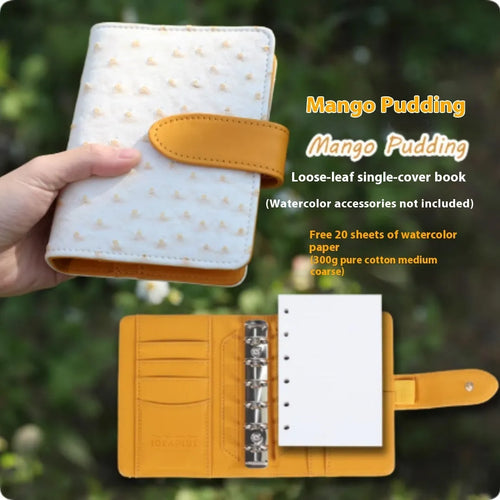 A7 loose-leaf watercolour notebook in avocado green, hazelnut brown, mango pudding, mocha coffee or rainforest green.