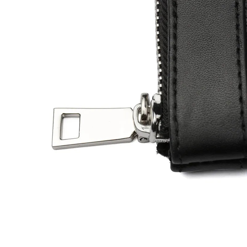 Black men's leather plaid clutch wallet made from cowhide, showing its 20x10 cm size.