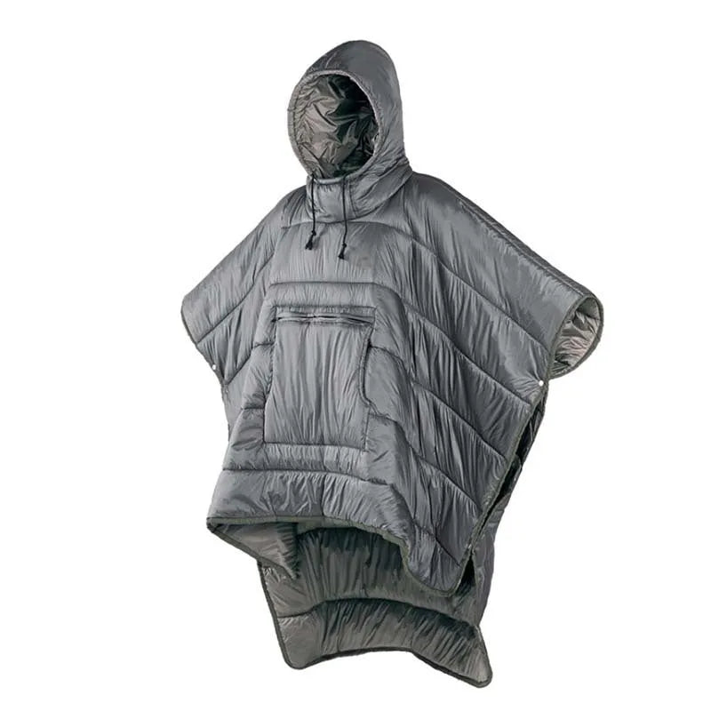 Army Green outdoor cloak sleeping bag with 200x140cm dimensions shown in convertible format