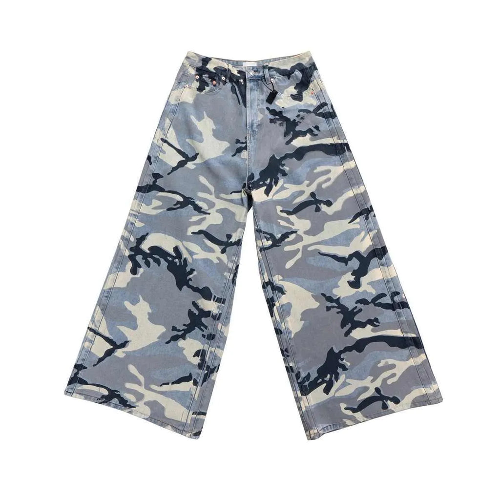 Snow camouflage blue loose fit jeans with elastic denim fabric and micro-elastic stretch