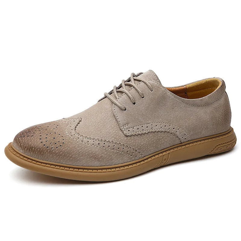 Men's black genuine cowhide leather lace-up business shoes with rubber sole on a grey background.