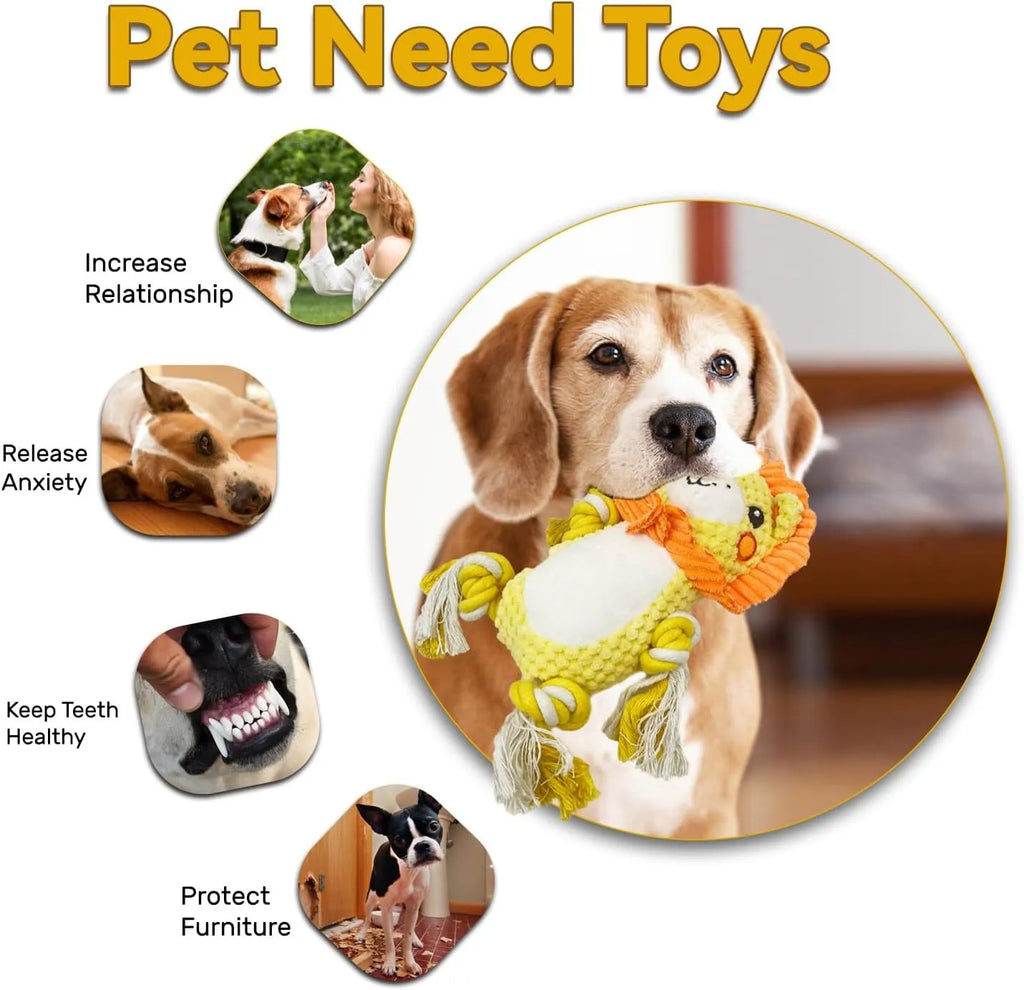 Lion and monkey soft plush squeaky dog toys side by side.
