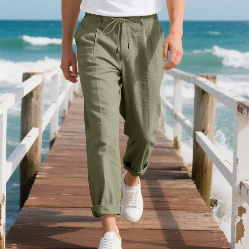 Men's straight leg linen trousers with drawstring waist in light khaki colour