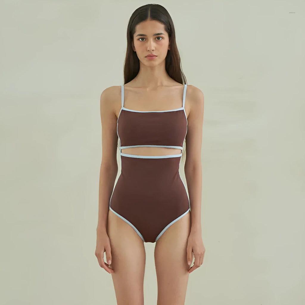 Brown women's one-piece swimsuit with sexy pattern style made from nylon fabric
