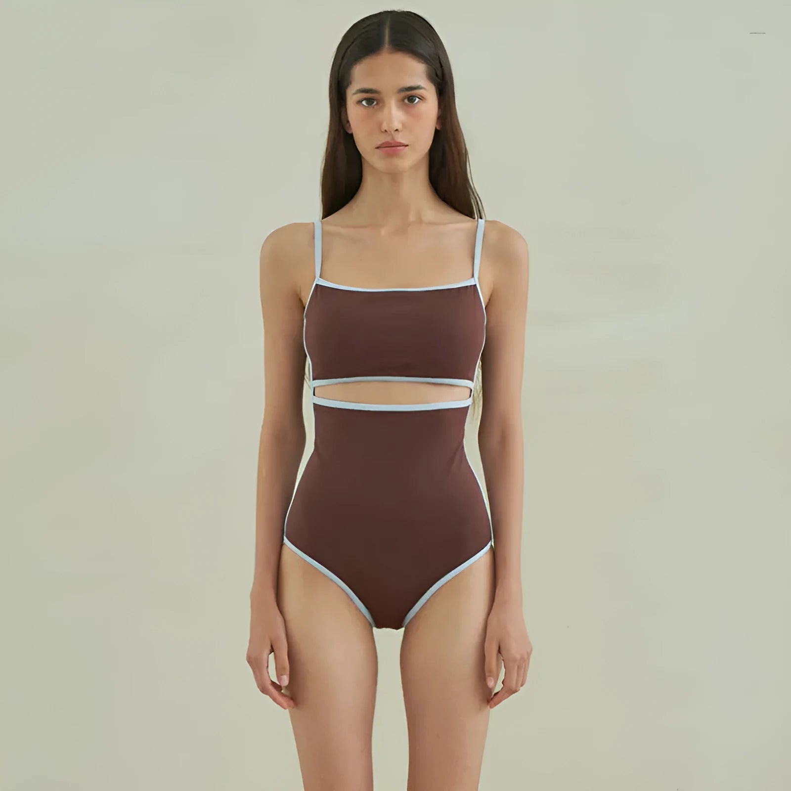 Brown women's one-piece swimsuit with sexy pattern style made from nylon fabric