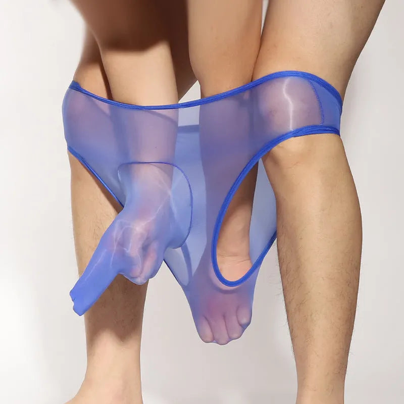 Men's silky nylon briefs with bullet separation in black, shown on a mannequin.