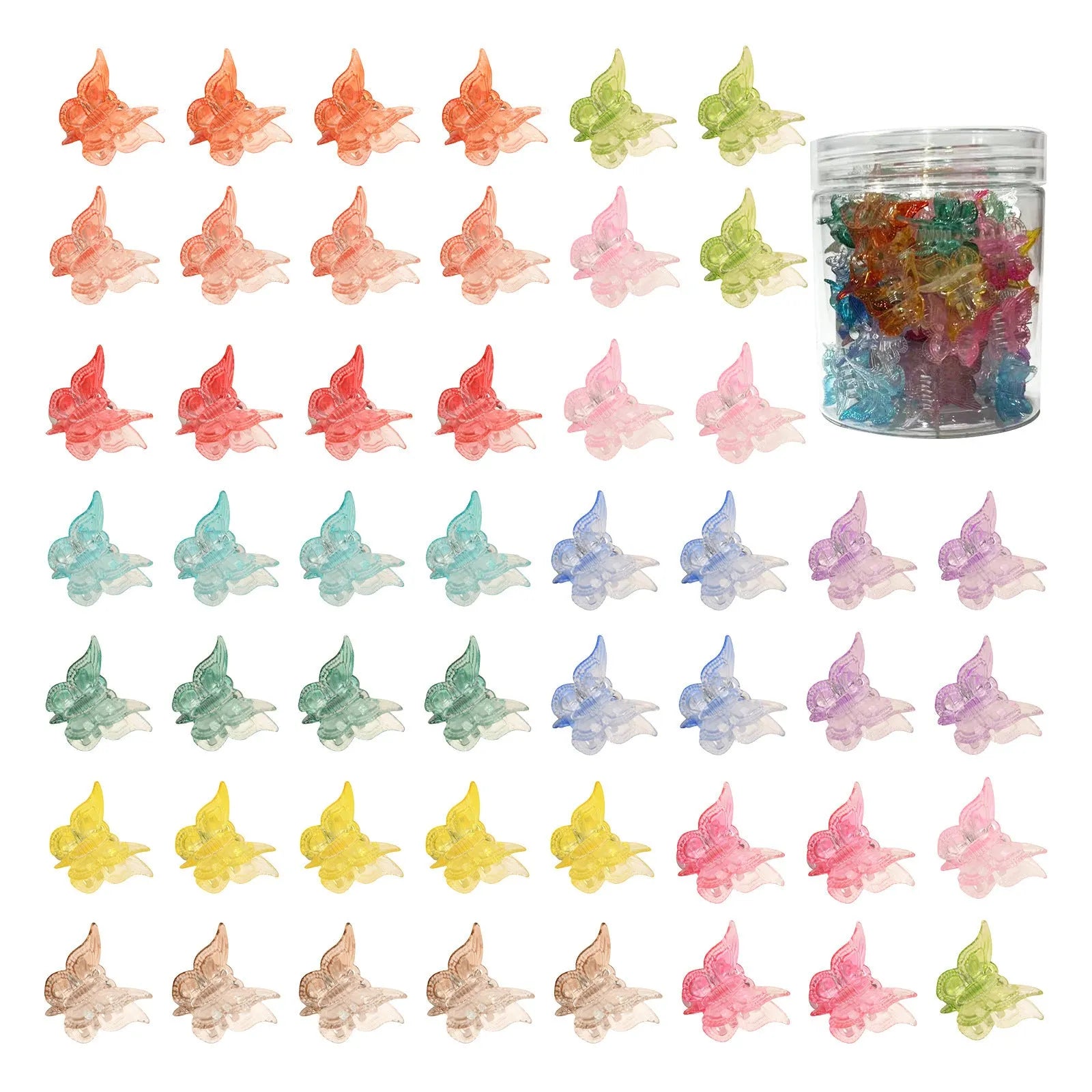 50 glitter butterfly hair claw clips in assorted colours showing plastic metal construction