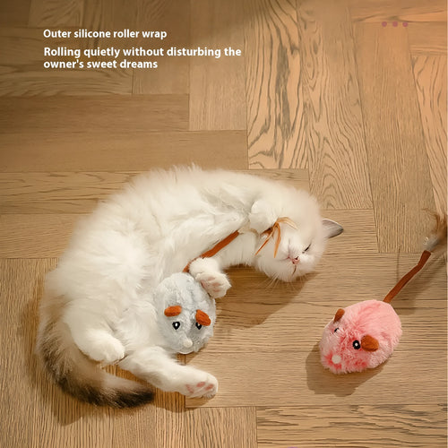 Rechargeable electric cat pole toy with a plush mouse in pink, dark grey, or purple colours on a charging cable.