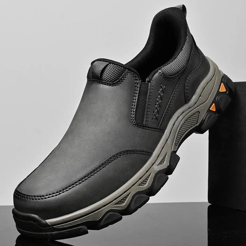 Men's casual shoes with rubber soles and PU upper in dark brown, black and grey colours