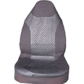 Black quilted automotive seat cover with PU and polyester construction shown on car seat