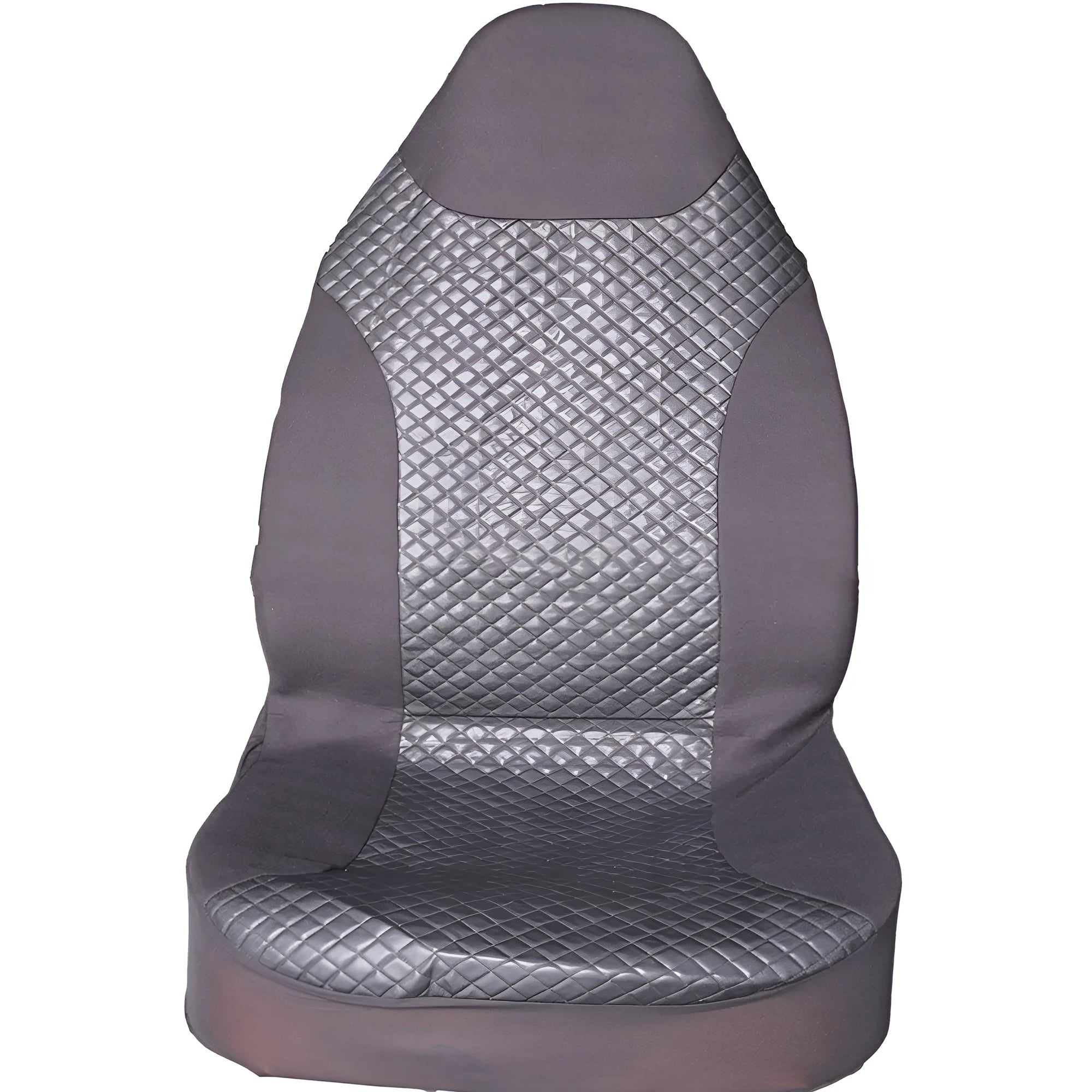 Black quilted automotive seat cover with PU and polyester construction shown on car seat