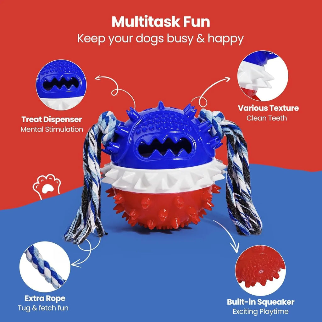 Blue and red TPR rubber squeaky dog toy with treat dispenser hole, shown next for scale.