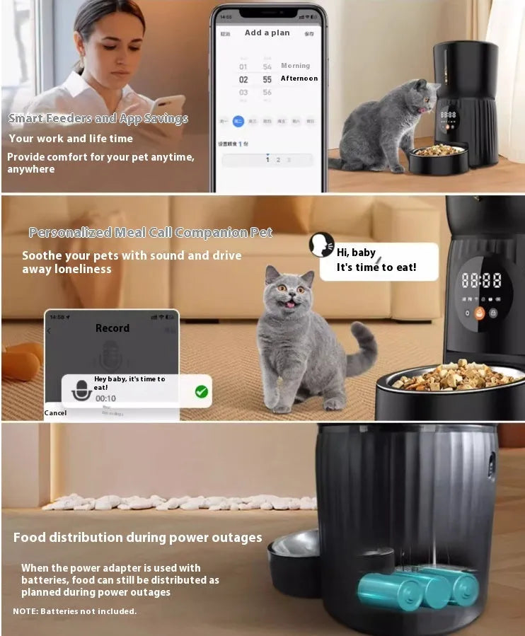 Black intelligent pet feeder with LCD screen showing feeding schedule and portion settings