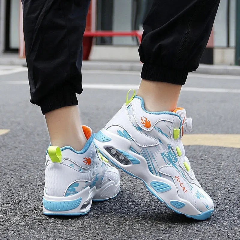 Children's basketball shoes with rotating button fastening in multiple colour options