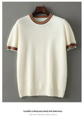 Men's white pure wool short sleeve round neck pullover sweater laid flat
