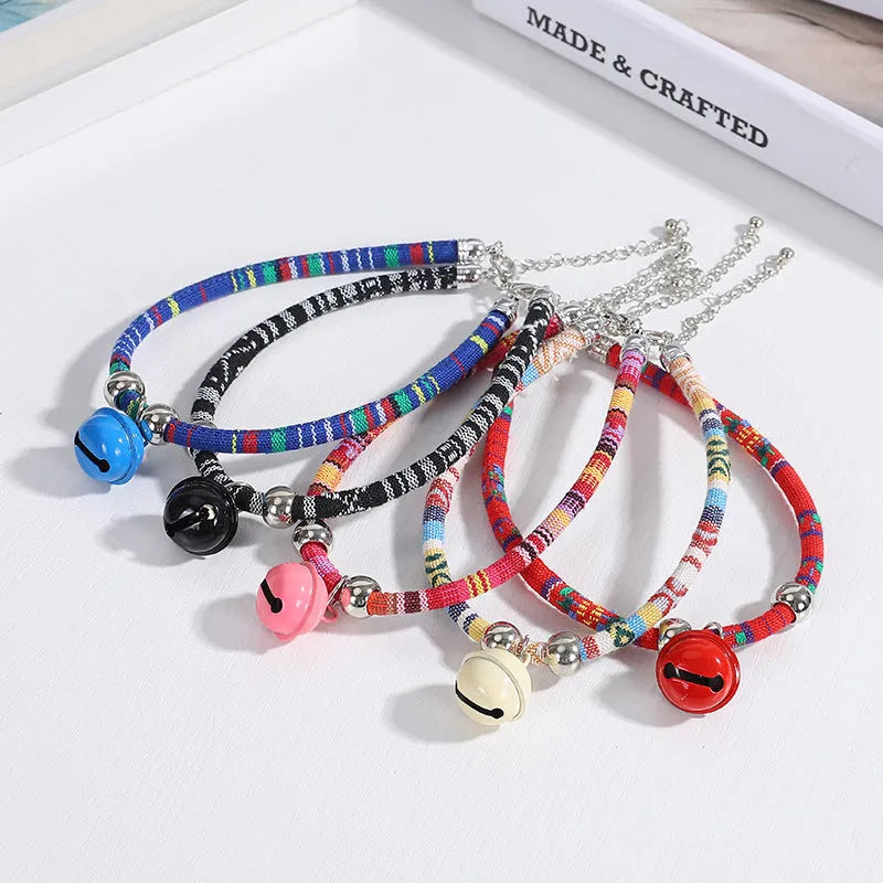 Ethnic style pet collar with bell necklace in colourful band design for cats and small dogs