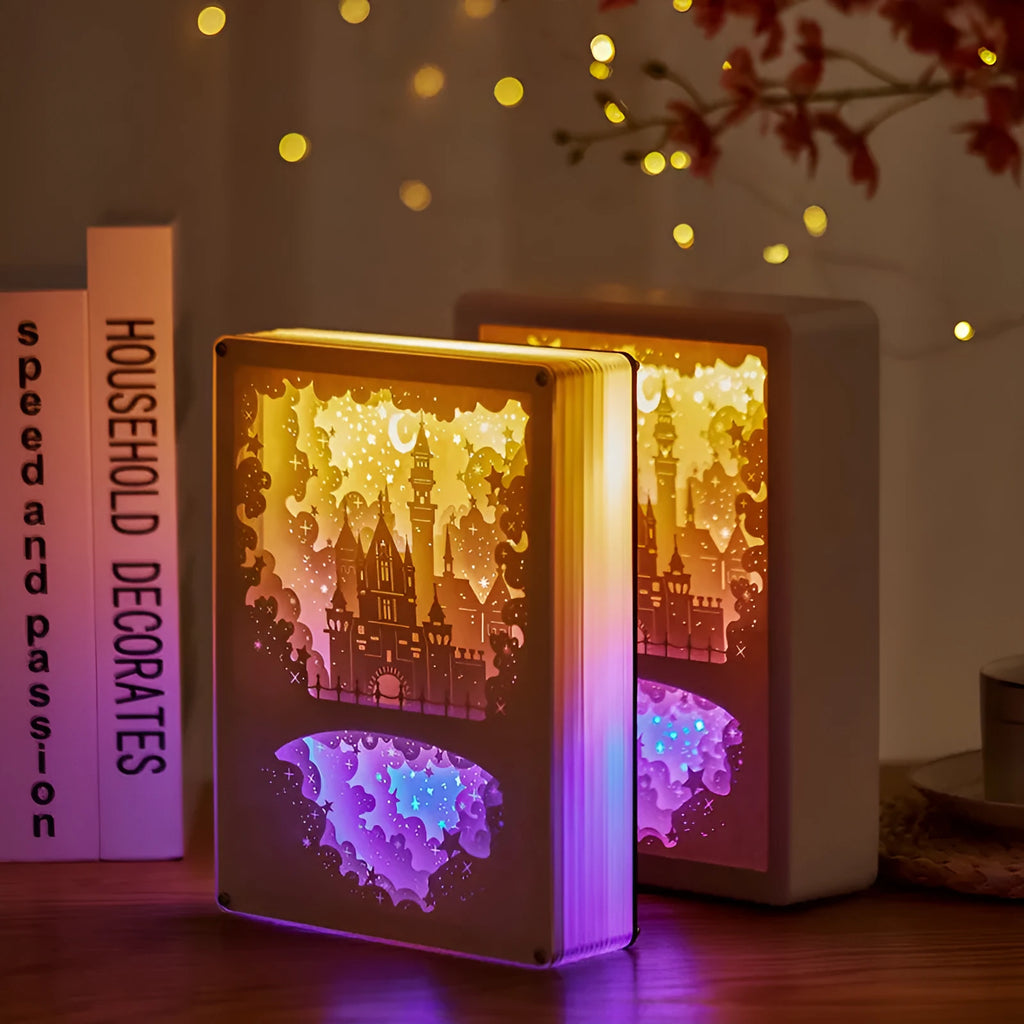 USB bedside night light with carved plastic shade and remote control on a table