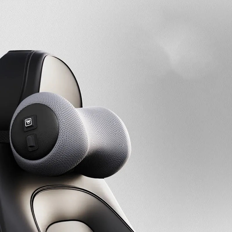 Car seat electric massage cushion and headrest in memory foam, shown in grey colour.