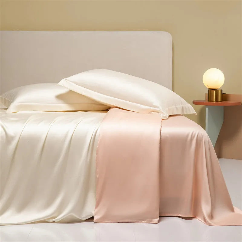 Lenzing Tencel 200 thread count bedding set in satin weave showing Aurora Blue quilt cover and pillowcases