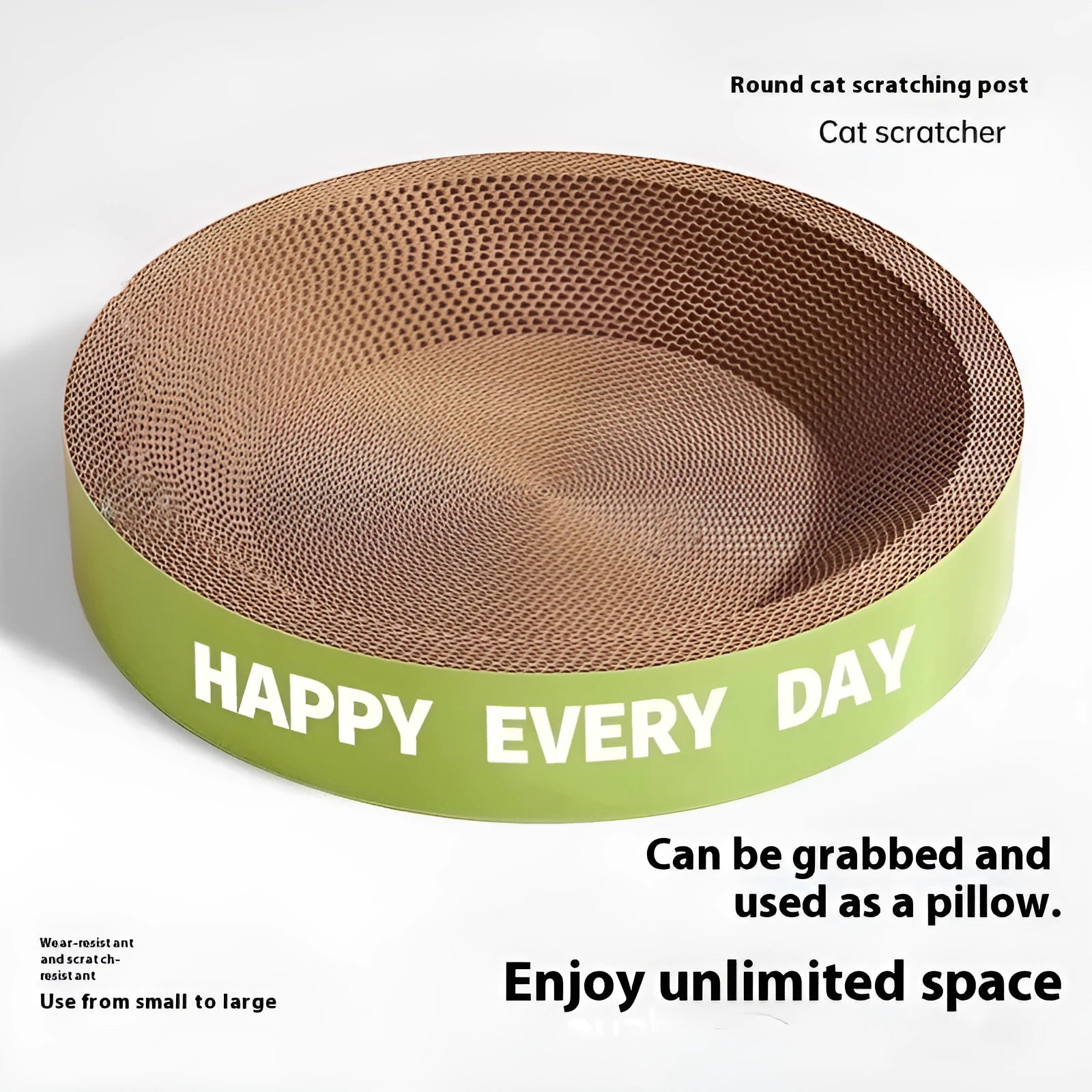 Green round cat scratching board nest with sisal surface and raised bed in 50cm size.