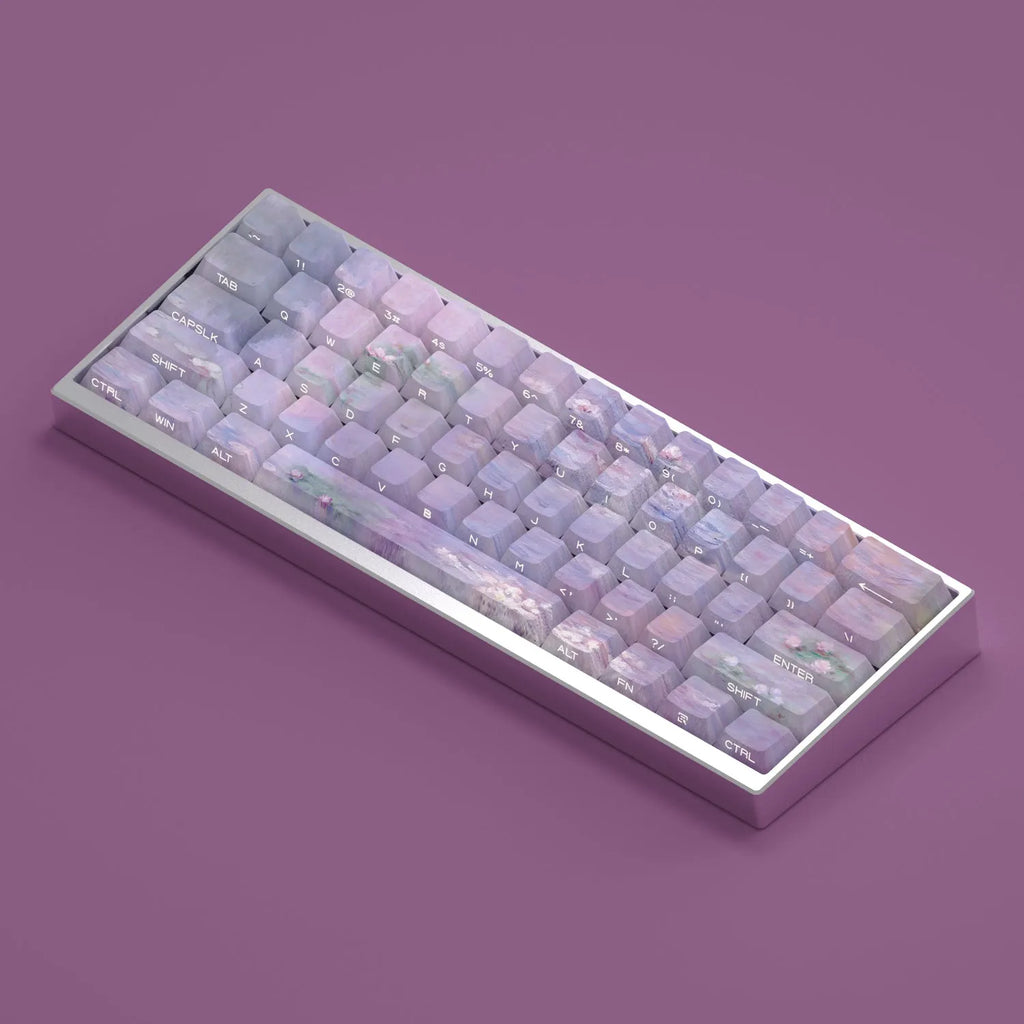 Water lily themed PBT keycap set with side-carved transparent characters for mechanical keyboards