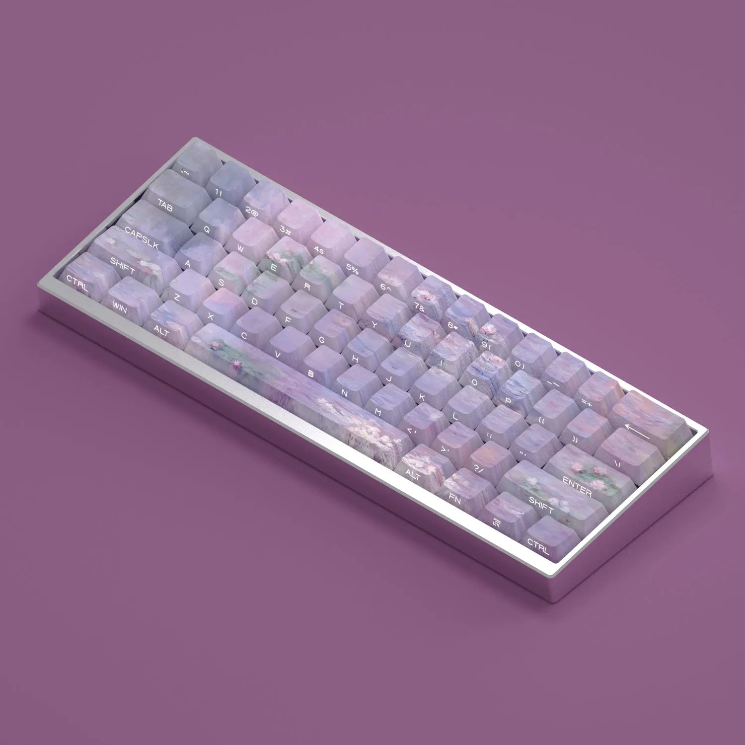 Water lily themed PBT keycap set with side-carved transparent characters for mechanical keyboards