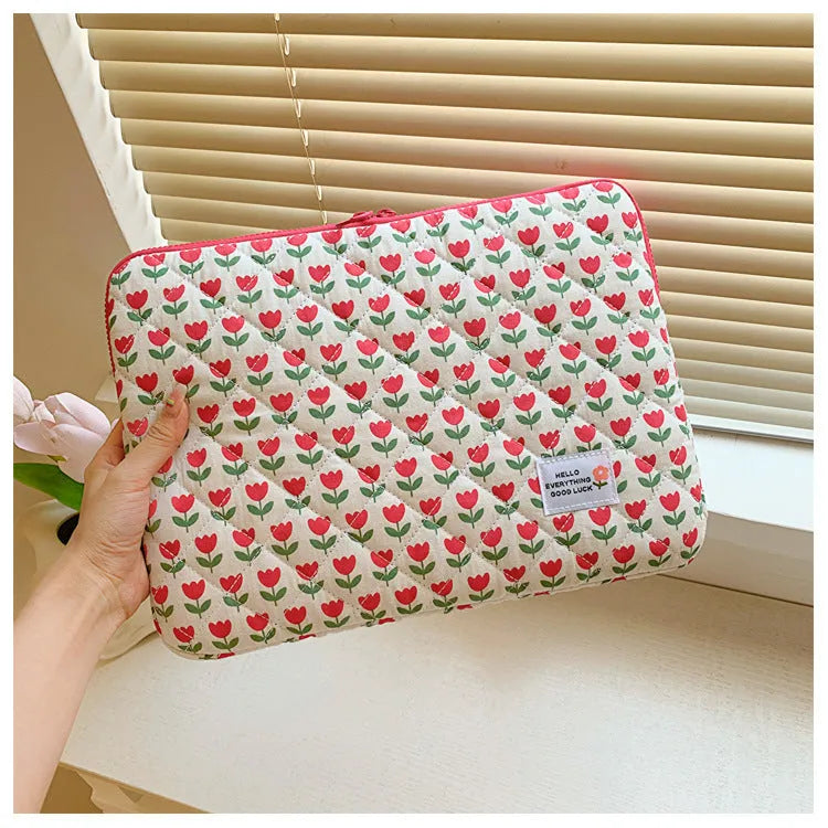 Women's floral cloth laptop bag in green flower, red heart, pink flower, or red flower patterns