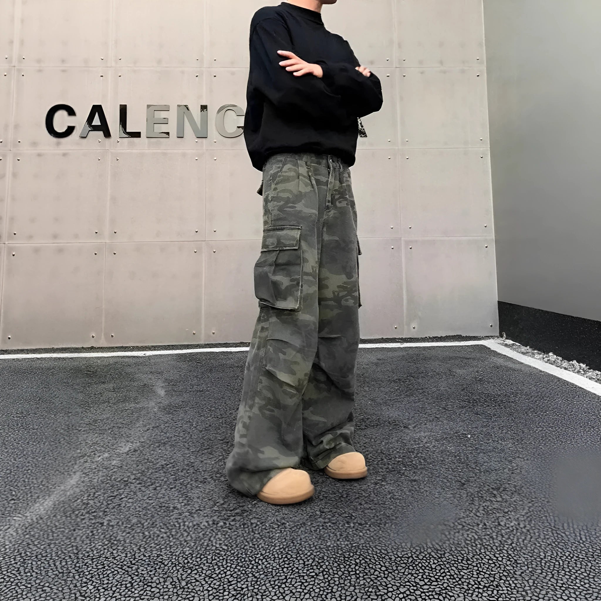 Korean style washed camouflage cargo pants with multiple pockets and mid waist design