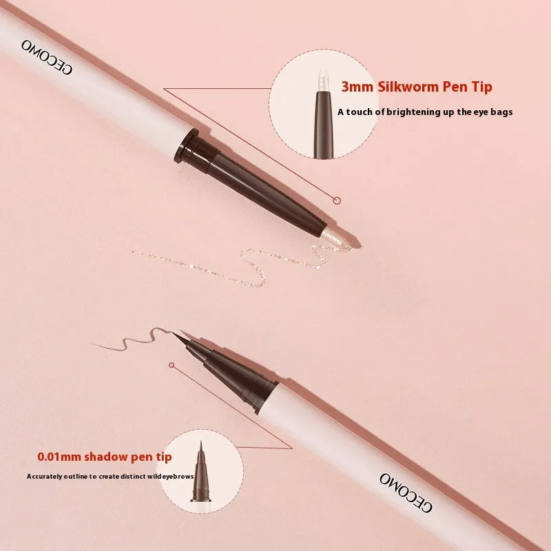 Double headed silkworm eyeliner pen in pearlescent floating platinum and born nude apricot shades